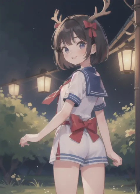 (Highest quality,16K,High resolution,masterpiece:1.2)，very detailed，Realistic:1.37，shape，Dark and mysterious，Lighting from behind，Black short bob，very ，very short stature，Flat Chest，very thin thighs，Detailed eyes，Detailed lips，Sailor suit，Nara City，There are short horns on the head。，Beautiful Face，smile，deer crackers:1.2，deer，Electric pole，