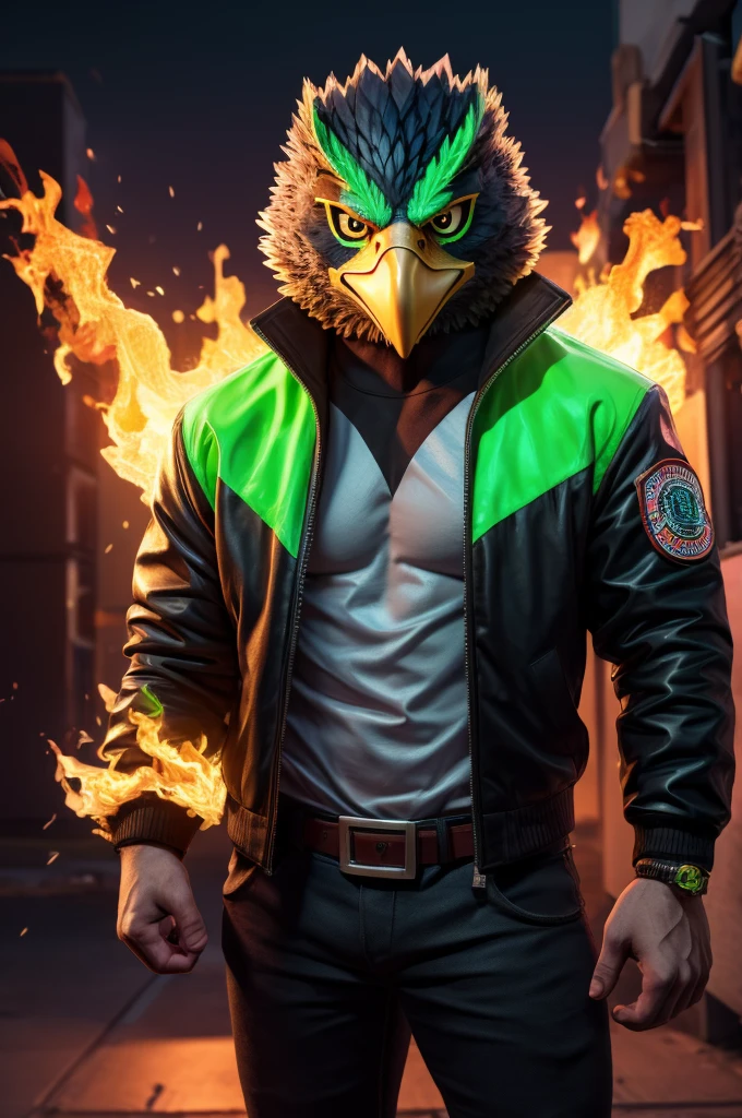 offcial art, Unity 8k papel de parede, ultra detaild, bonitas, Eagle man with anthropomorphic aura of fire verde ,neon verde eagle mask, with black jacket, with ring, with an angry face,Bblack hair ,fluffly, cute, shorty, kawaii, drawing 2