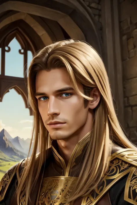 (masterpiece),(best quality), illustration, (fantasy:1.4), perfect male face, solo, cute detailed digital art, beautiful face, golden hair, castle, mountain, a young man, , paper_cut