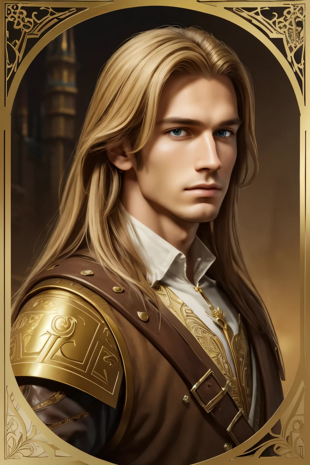 (masterpiece),(best quality), illustration, (fantasy:1.4), perfect male face, solo, cute detailed digital art, beautiful face, golden hair, castle, mountain, a young man, , paper_cut