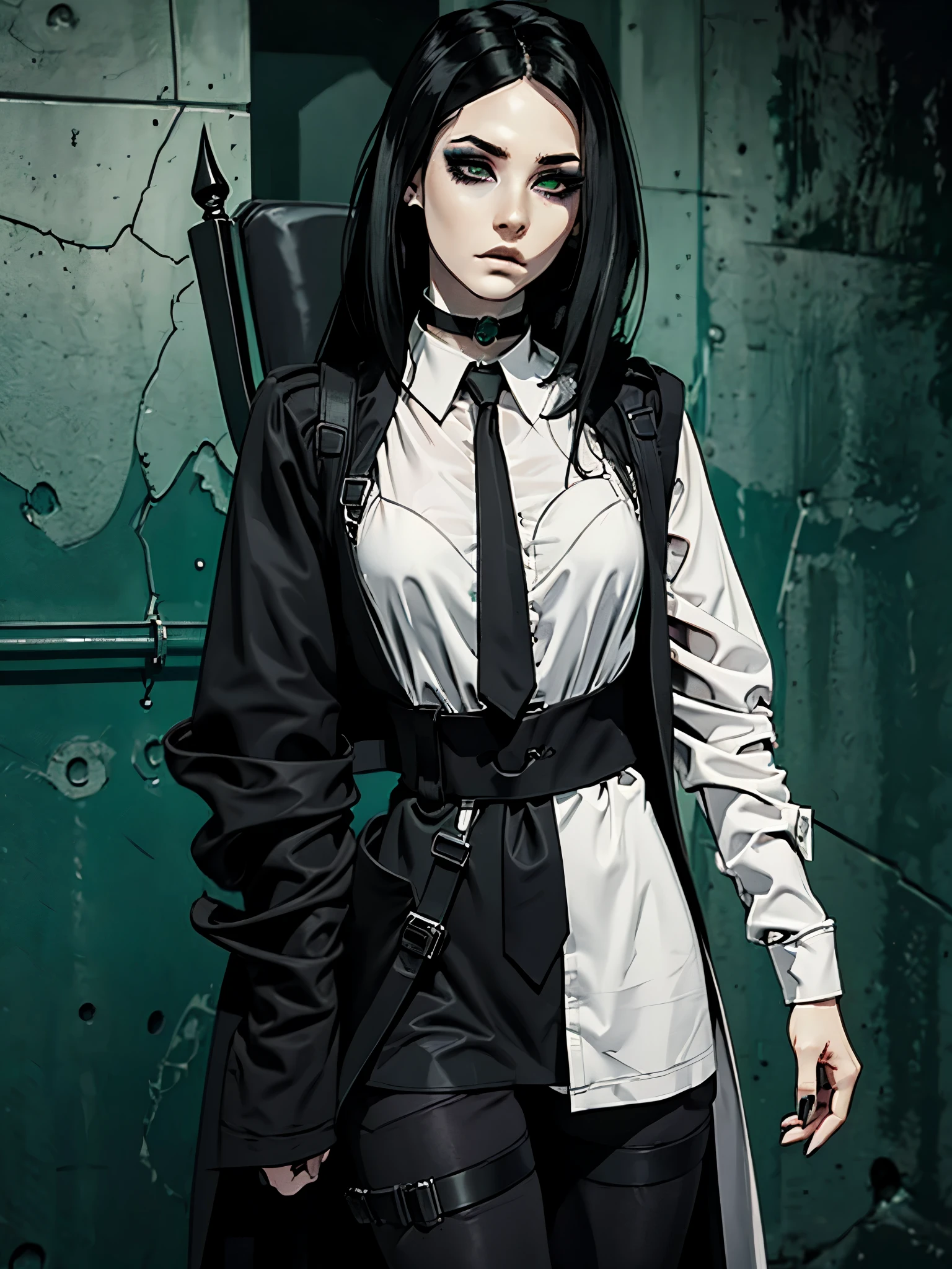 1girl, detailed face, detailed Beauty, ((hair over eye)), emo_hairstyle, (piercings), (black necktie), ((long hair)), ((straight hair)), (((black hair))), side swept bangs, white skin, pale, white, (green eye), tired expression, choker, ((dark makeup, mascara, eyeshadow)), multiple piercings, best quality, 8k, throne room background, royal castle background, tech, neon lights, white shirt, erotic, slytherin, dark gothic, detective, black overcoat, (small breasts, strap gap), Solo, 1girl, Super Detailed, 