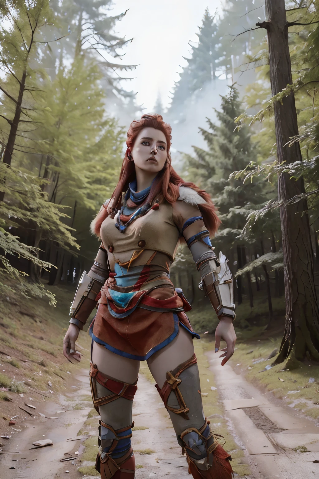 Aloy, redheadwear, how to make a star guardian, high resolution, perfectbody, super detaill, 8k, Overview, fully body, at a forest,