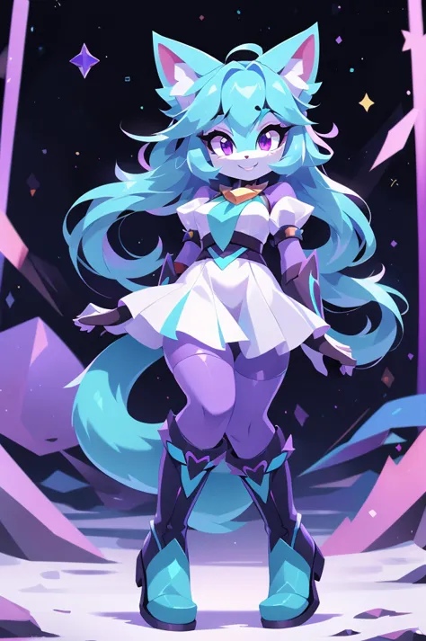 complete body, face perfect, cabelo roxo, star guardian, purple and cyan eyes, bright purple eyes, long eyelashes, cyan blue fur...