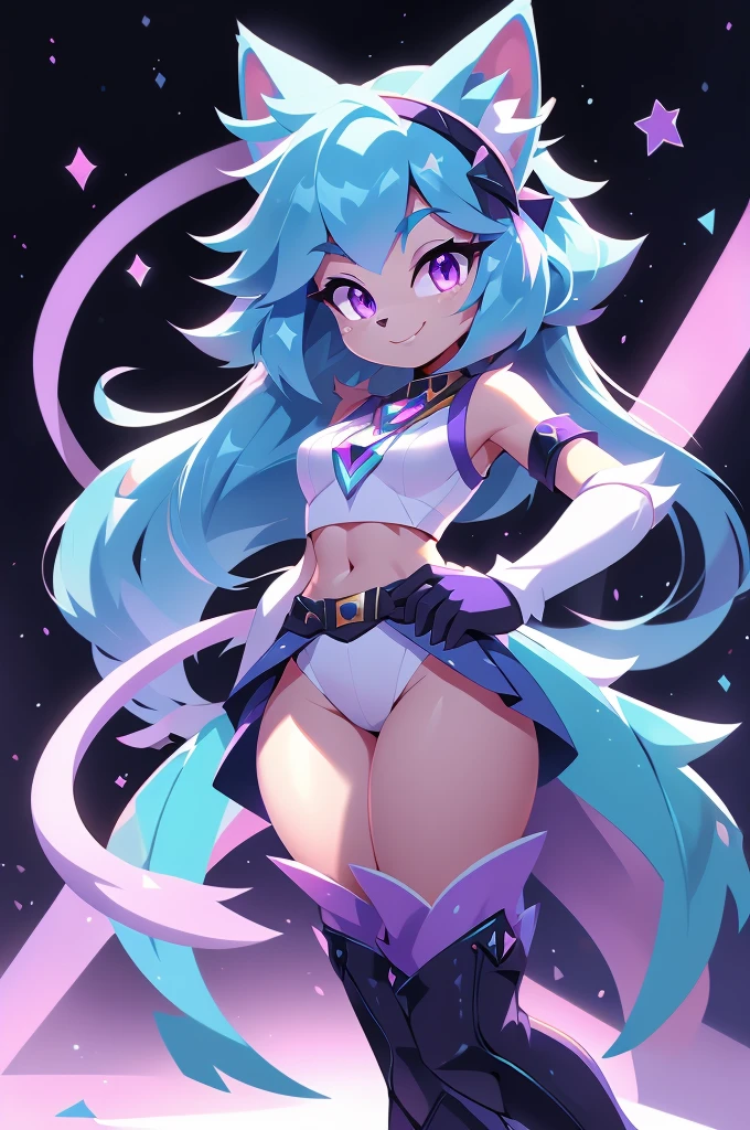 complete body, face perfect, cabelo roxo, Star Guardian, purple and cyan eyes, bright purple eyes, long eyelashes, cyan blue fur, cyan blue cat ears, ssmile doce,tummy,arms ,flegs ,waist,feet,boots casual adventurer outfit. purple and cyan hair, fake cat ears, light ssmile, ear flush,students shining, purple eyes, cyan eyes, ssmile, looking straight ahead, wide plan, 8k, best qualityer, High details, high resolution
