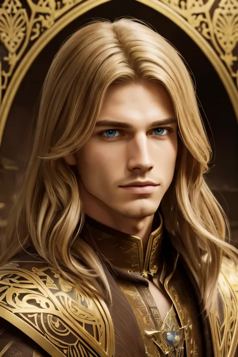 (masterpiece),(best quality), illustration, (fantasy:1.4), perfect male face, solo, cute detailed digital art, beautiful face, golden hair, castle, mountain, a young man, , paper_cut