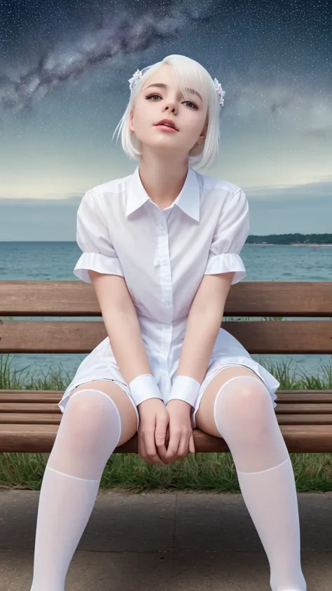 masterpiece,best quality,1girl,girly,transparent,perfect face,white stockings,high quality,cute,white hair,shirt,sitting on a be...