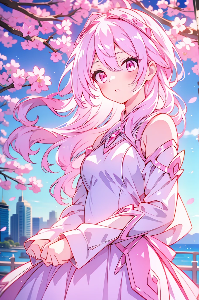 Anime Woman, long white hair, pastel pink eyes, in a beautiful white dress, Looking down into the camera, with a beautiful background of a city with sakura trees, good anatomy, 8k, High resolution