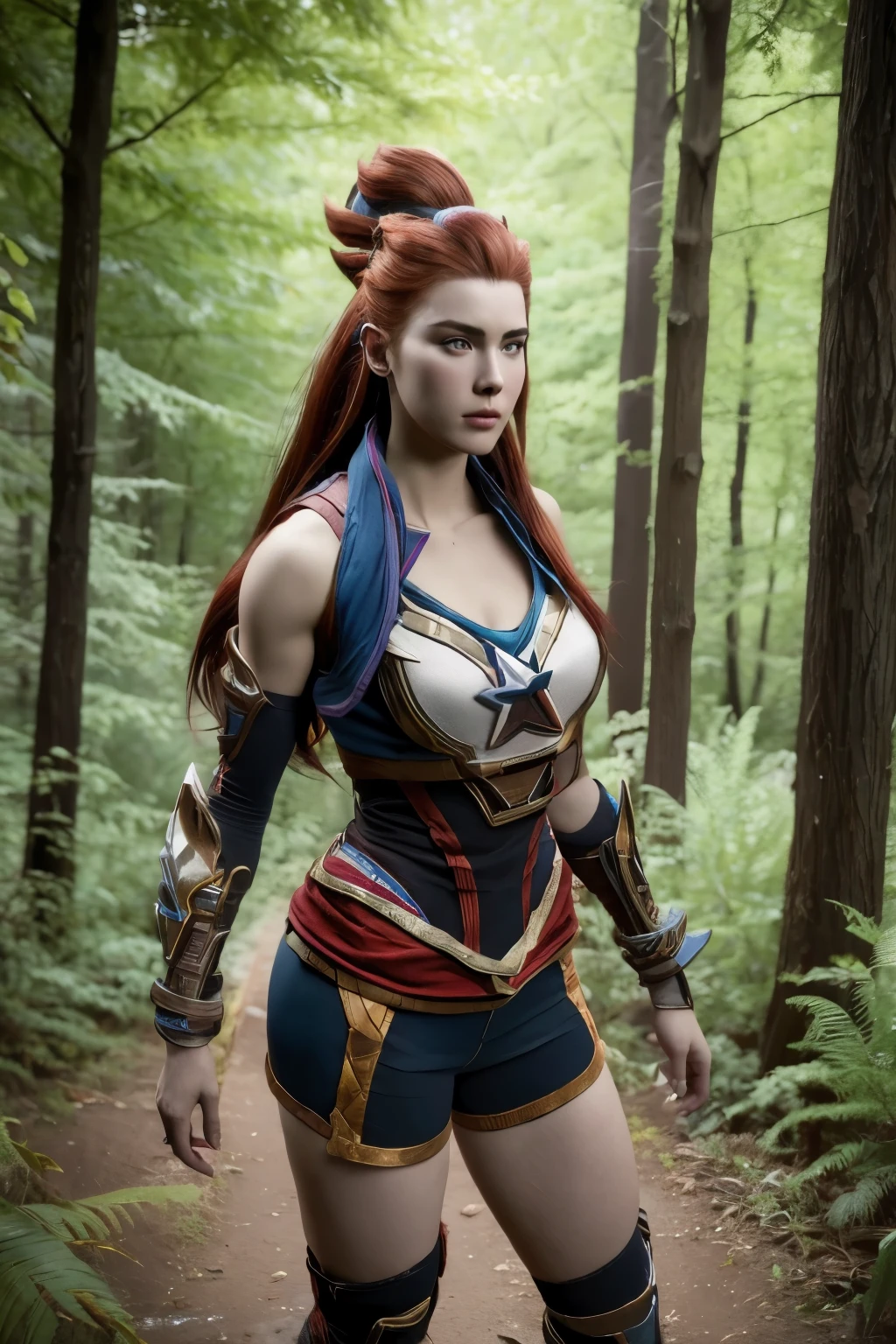 Aloy, redheadwear, Star Guardian-Akali (League of Legends), high resolution, perfectbody, super detaill, 8k, Overview, fully body, at a forest, 