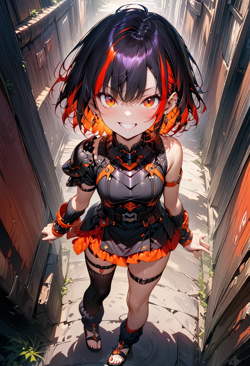 (masterpiece),(best quality),(ultra-detailed),(best illustration),(best shadow),(absurdres),(detailed background),(very aesthetic), score_9, score_8_up, 1girl, solo, multicolored-hair, smile, black-armor, sandals, grin, short-hair, thigh-strap, two-tone-orange-and-red-hair, simple-background, streaked-hair, belt, orange-eyes, skirt, red-eyes, looking-at-viewer, vambraces, bracer, jewelry, toeless-footwear, shoulder-armor, earrings, pauldrons, hair-between-eyes, shoulder-pads, leg-warmers, over-shoulder, armlet
