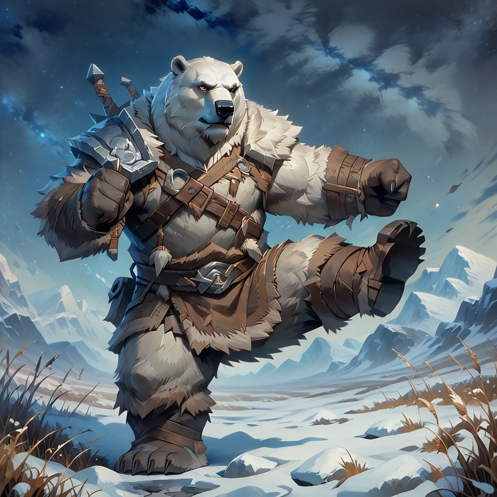 ((whole body)), (barbarian), ((plump middle-aged polar bear man)), standing, kicking, (brown eyes), beautiful beard, (male face), (big face:0.5), square jawline, (Male Eyes:1.2), (sharp eyes:0.8), (big eyes:0.5), male eyebrows, (innocent look:0.5), fluffy body, BREAK starry sky, Arctic field, highly detailed,