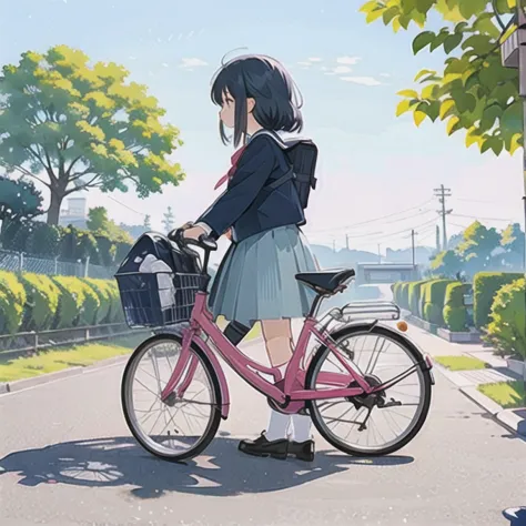 (masterpiece, highest quality:1.2), reality、girl on a bicycle, alone、junior high school girl，uniform、standing in line，fluttering...