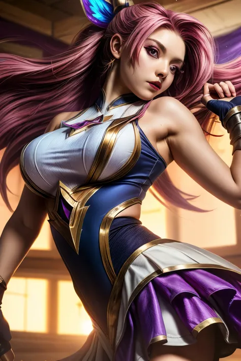 akali league of legends, super long pink hair, (overskirt, don), star guardian-akali (league of legends), high resolution, perfe...