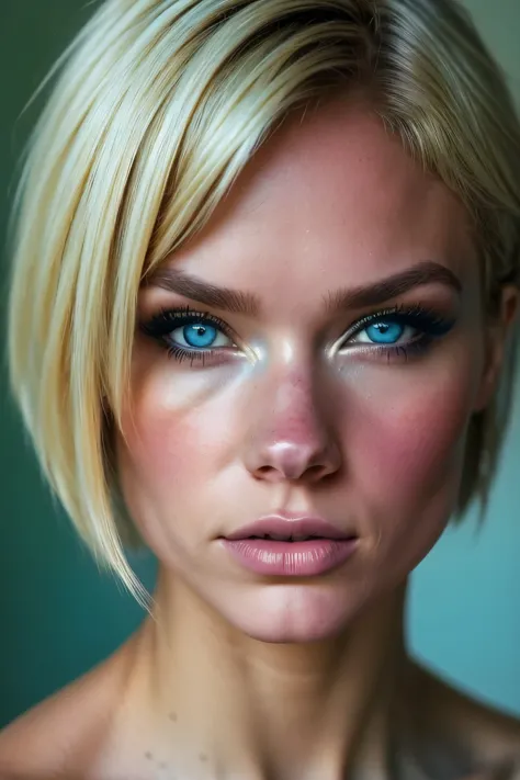 ((alexiathompson01r face)). beautiful. perfect, blonde hair, short hair, straight hair, blue eyes. closed look. vibrant blue eye...