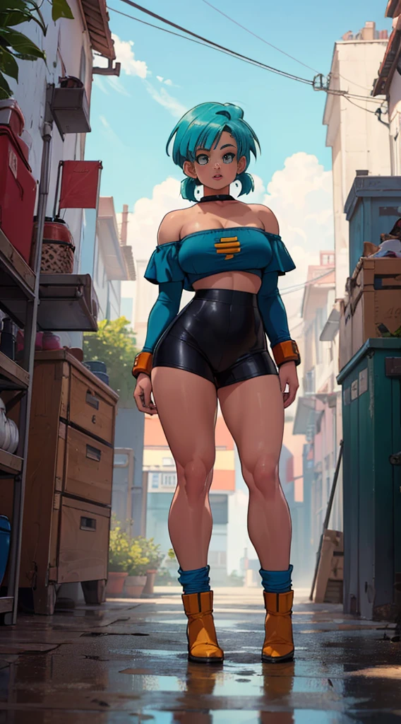 ((high detailed, best quality, 4k, masterpiece, hd:1.3)), ((best quality)), (((HD))), (((8k))), (ultraDH), (ultra HD), Bulma, long curly turqoise hair, european skin tone, blue colored eyes, small breasts, dragon ball z color scheme, wearing tight saiyan armor, gorgeous slender feminine body, full-body picture, standing star pose, thighs out, (bulma hottie:1.5), (breasts focus), (from front:1.3), (from abovee:1.1), (shoulders out:1.3), (thighs out:1.3), (breast out:1.3), (off shoulder:1.2), (heavy colorful makeup), (perfect hands, perfect anatomy)