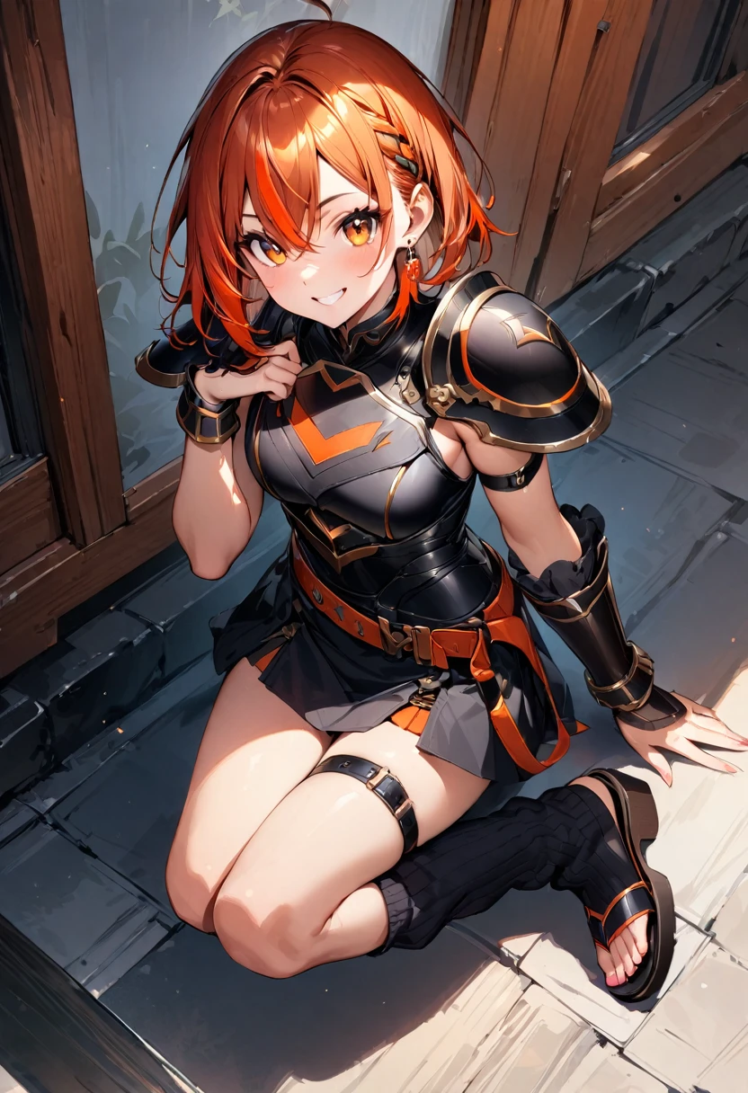 (masterpiece),(best quality),(ultra-detailed),(best illustration),(best shadow),(absurdres),(detailed background),(very aesthetic), score_9, score_8_up, 1girl, solo, multicolored-hair, smile, black-armor, sandals, grin, short-hair, thigh-strap, two-tone-orange-and-red-hair, simple-background, streaked-hair, belt, orange-eyes, skirt, looking-at-viewer, vambraces, bracer, jewelry, toeless-footwear, shoulder-armor, earrings, pauldrons, hair-between-eyes, shoulder-pads, leg-warmers, over-shoulder, armlet
