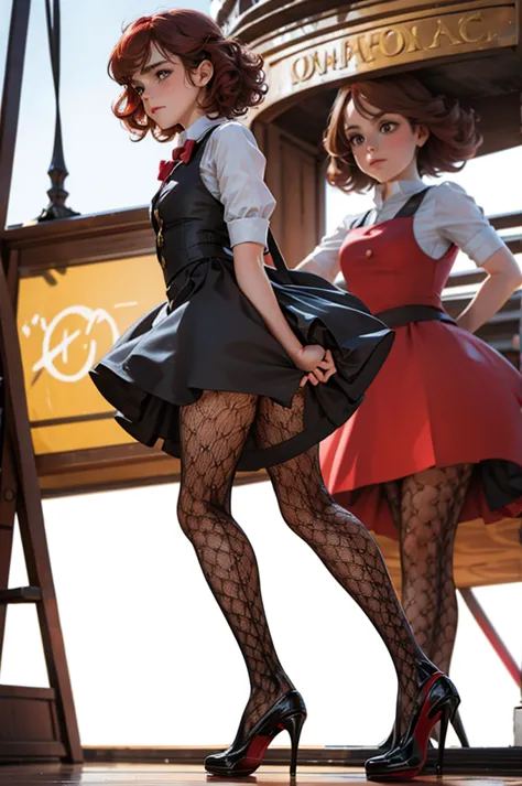 emma watson,  very curly red hair,  head bow,  very tiny miniskirt,  jacquard pantyhose,  high heels,  sun shiny day