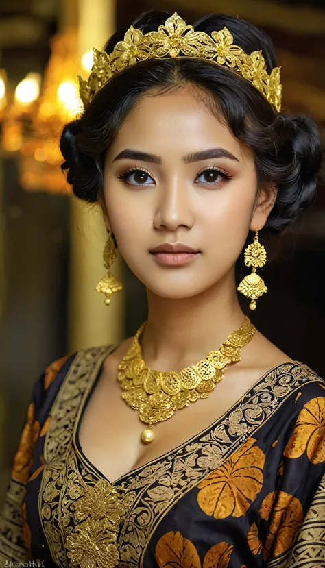 a woman ((beautiful, 20 years old, dark eyes, indonesian girl, dark, long with soft waves hair, updo with circlet and ornament, ...