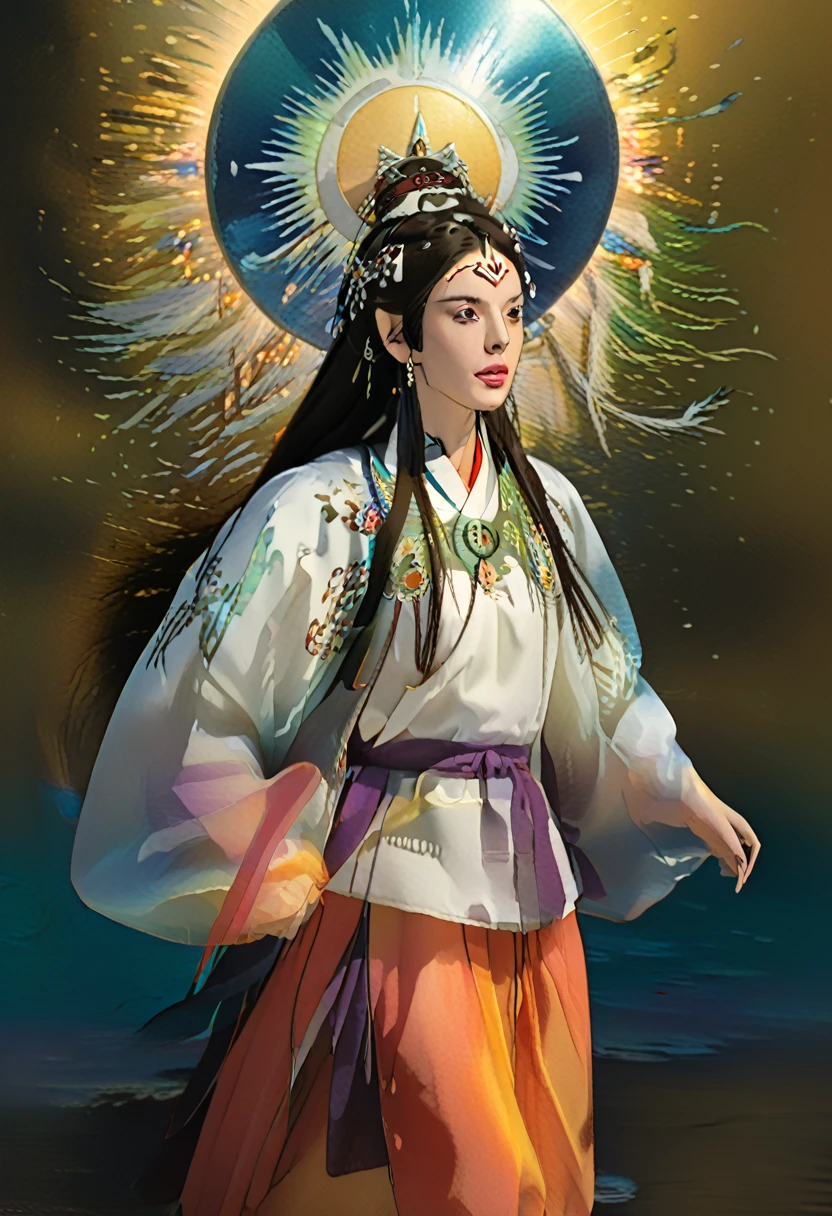 A beautiful woman, full body portrait, goddess Benzaiten, extremely detailed face and eyes, long black hair, intricate hair ornaments, flowing robes, abstract background, cinematic lighting, ethereal, glowing skin, cold colors, mostly blueish colors, digital art, 8k, Studio Ghibli style, masterpiece, near a water body