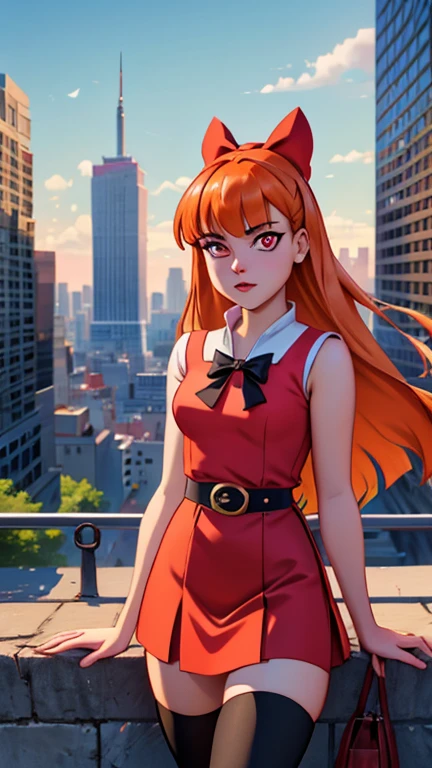 (Teens:1girl: blossom), (extremely detailed CG unit 8k wallpaper),(master part), (best quality), (ultra detail), (best illustration),(city scene), cowboy shot, (Sharp eyeliner, ombre, detailed eyes:1), landscape, building, outdoor, ,break , (timmstyle), upper body, orange hair, long hair, blunt bangs, pink eyes)
(bow, dress, belt, thighhighs,