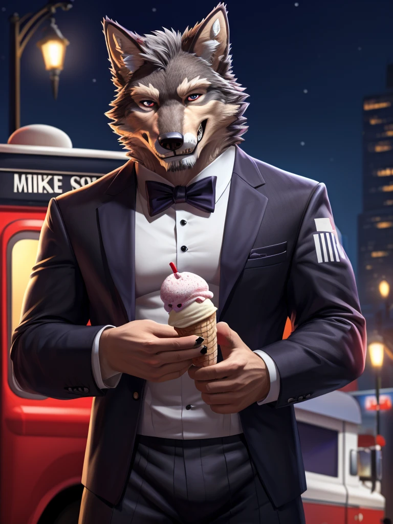 A robust guy, wolves head, gray hairs, Eyes red, wolves snout, sharped teeth, Wolves ears, evil smirk, Eyes red, ice cream man outfit, clawed fingers, wolves, ice cream man clothes, (quality: realistic HD) (scenario: night city red ice cream truck) (without bugs) (amount: one character only) holding an ice cream in your hand, Elegant Pose, (angle: main ) (nome do character: mike Ronald's).