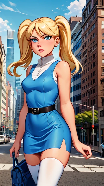 (Teens:1girl: bubbles), (extremely detailed CG unit 8k wallpaper),(master part), (best quality), (ultra detail), (best illustration),(city scene), cowboy shot, (Sharp eyeliner, ombre, detailed eyes:1), landscape, building, outdoor, ,break , (timmstyle), upper body, blonde hair, blue eyes, short twintails, pigtails, dress, sky-blue sleeveless dress, black belt, white thighhighs