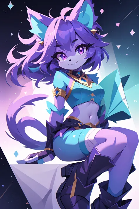 complete body, face perfect, cabelo roxo, star guardian, purple and cyan eyes, bright purple eyes, long eyelashes, cyan blue fur...