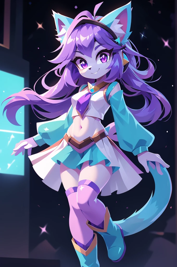 complete body, face perfect, cabelo roxo, Star Guardian, purple and cyan eyes, bright purple eyes, long eyelashes, cyan blue fur, cyan blue cat ears, ssmile doce,tummy,arms ,flegs ,waist,feet,boots casual adventurer outfit. purple and cyan hair, fake cat ears, light ssmile, ear flush,students shining, purple eyes, cyan eyes, ssmile, looking straight ahead, wide plan, 8k, best qualityer, High details, high resolution
