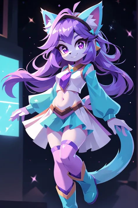 complete body, face perfect, cabelo roxo, star guardian, purple and cyan eyes, bright purple eyes, long eyelashes, cyan blue fur...