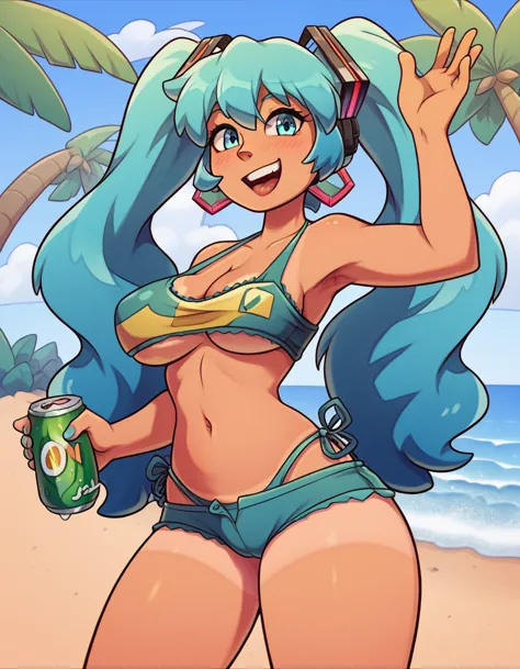 "a brazilian version of hatsune miku on the beach, wearing a vibrant swimsuit with big breasts and thighs . she has long hair wi...