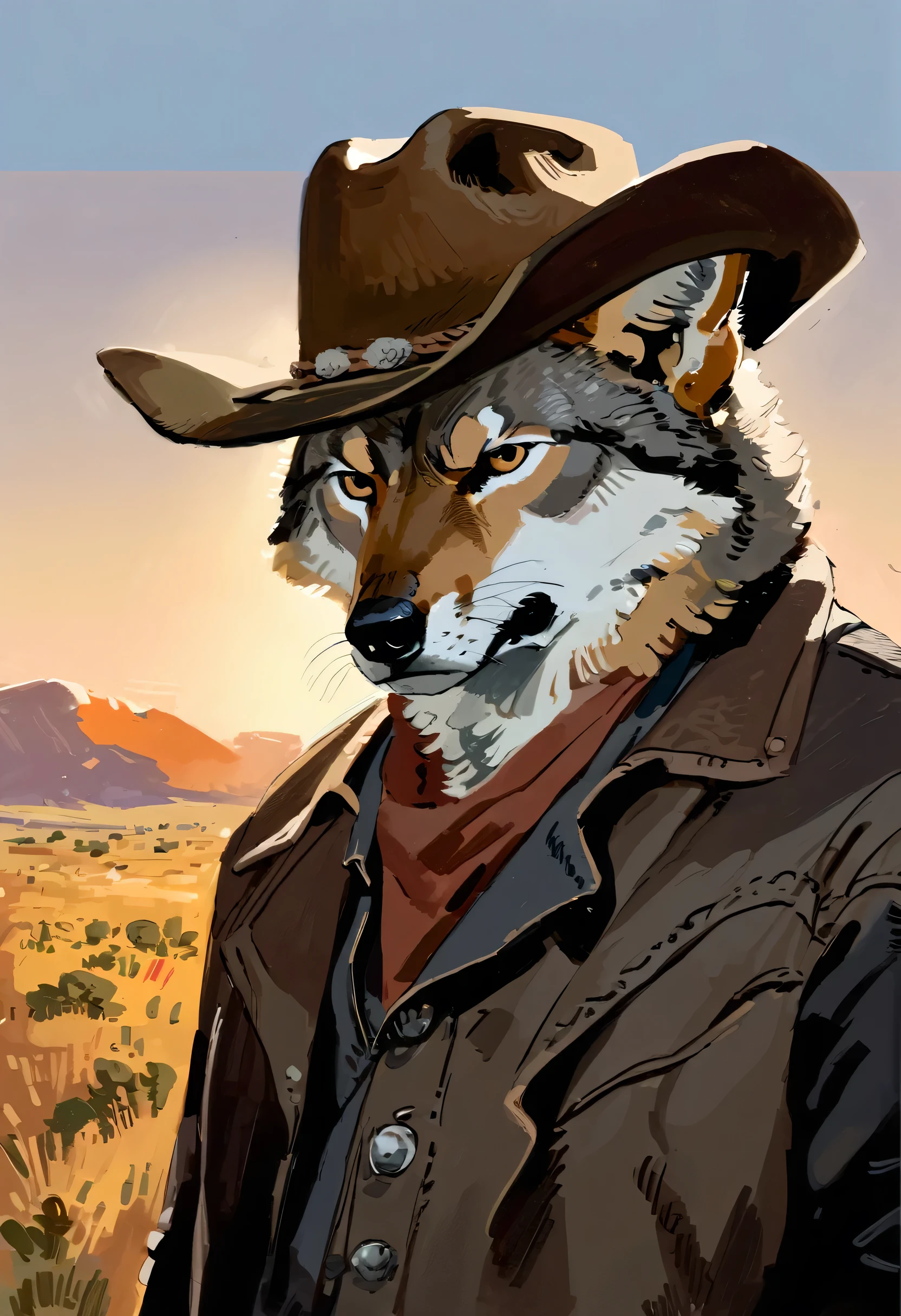 (coyote), solo, male, (anthro), ((by seyorrol)), (intricately detailed), (dry prairie background, dusk), (masterpiece, high quality, 8k, ultra HD, absurd res, top quality, best quality, max quality), ((realistic eyes, perfect eyes, staring at camera)), (dynamic lighting), ((cowboy, black clothing, black cowboy hat, (low brim on cowboy hat))), (intense expression, (grumpy)), headshot, (((face obscured by hat))), ((looking down)),