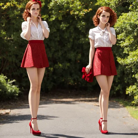 emma watson, very curly red hair, head bow, very tiny miniskirt, jacquard pantyhose, high heels, sun shiny day