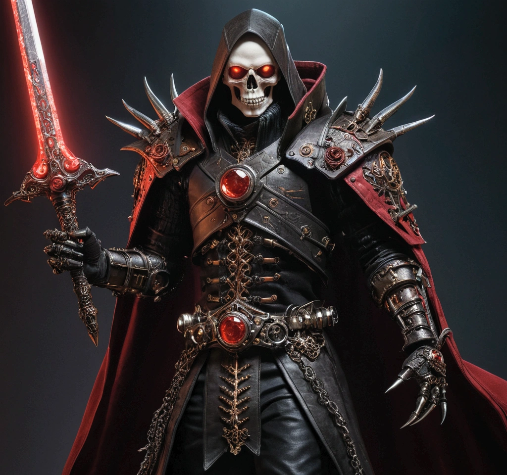 Gothic and steampunk characters, dressed in dark, intricate costumes, wielding a large weapon, and exhibiting a mixture of mechanical and organic features, creating a dark fantasy aesthetic. One figure stands, holding a large red glowing sword with a long coat, another appears as a skeletal creature with clawed hands, while the drawn character shows off the detailed technique of the metal arm, and another one stands with a huge sword, dressed in leather armor.