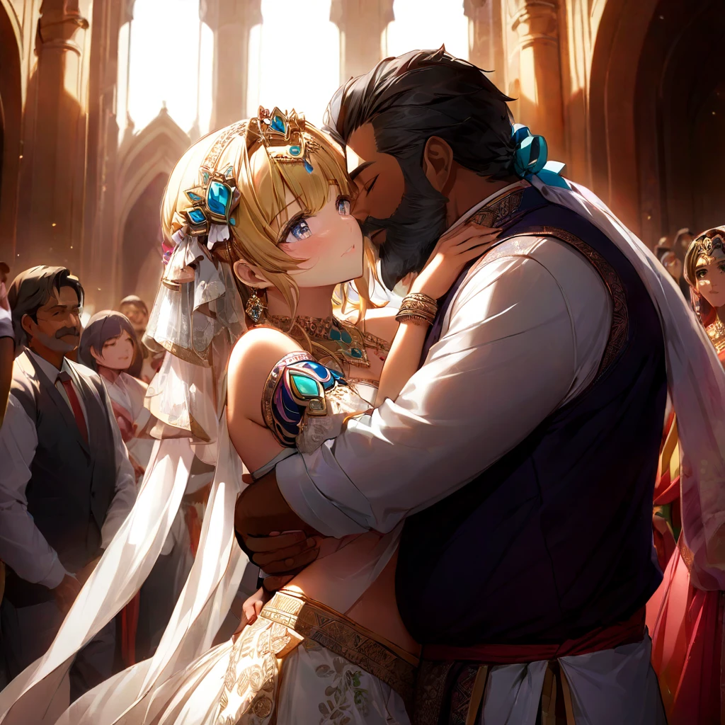 ((Highest quality)), ((masterpiece)), (detailed), （Perfect Face）、The woman is Extia Spica、The woman is wearing the traditional Indian dress, a sari.、The woman is embracing and kissing a middle-aged Indian man with a beard in their wedding ceremony.