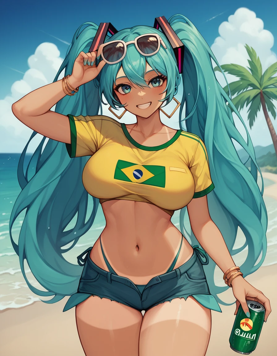 "A cheerful and vibrant Brazilian version of Hatsune Miku standing on the beach while holding her breasts. She has long hair with two aqua colored pigtails., tanned skin with visible tan lines and wearing a tight yellow crop top with the Brazilian flag on it. She also has large breasts and thighs along with a big butt. She wears worn denim shorts and holds a can of Guaraná Antarctica in one hand.. Miku is smiling and wearing sunglasses on her head, with a tropical flower in her hair. The background features a sunny beach with a clear blue sky and palm trees.."
