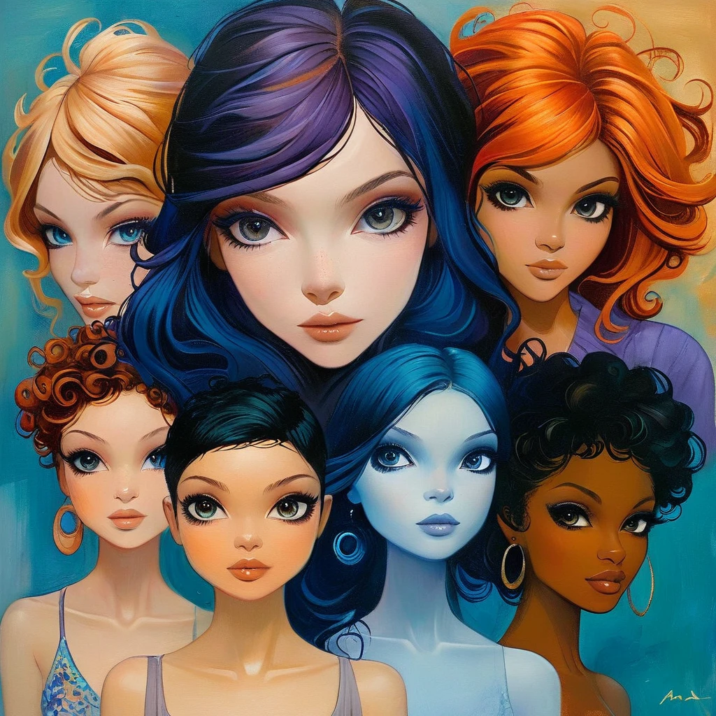 Oil painting An illustrative montage of several beautiful, stylish women with different hair and ethnicities.