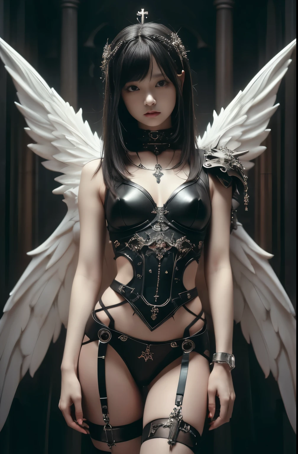 ((Highest quality、8k、masterpiece:1.3))、Full body picture of a sexy angel woman standing with her arms down、((Gothic Punk Angel、Prayer Pose))、((Mechanical Wings))、((Full body portrait、Front view)),Image color is white、Japan Maiden，Best image quality，Ultra Clear，The facial features are delicate and well defined，Exquisite detail，Slim body、Small breasts、Small Ass、Exposed abdomen、Upright pose、Black Hair、Bob Style、Cropped bangs、Anatomical、Facial muscles、elegant、Beautiful background、Octane Rendering,Cathedral