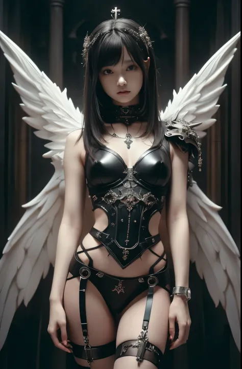 ((highest quality、8k、masterpiece:1.3))、full body picture of a sexy angel woman standing with her arms down、((gothic punk angel、p...