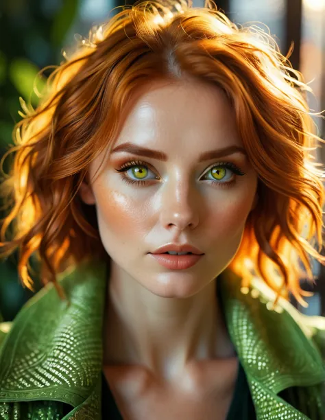 cinematic photo cinematic image of an 1 copper-haired woman with macroscopic patterns inspired by the sun. bright hazel eyes. hi...