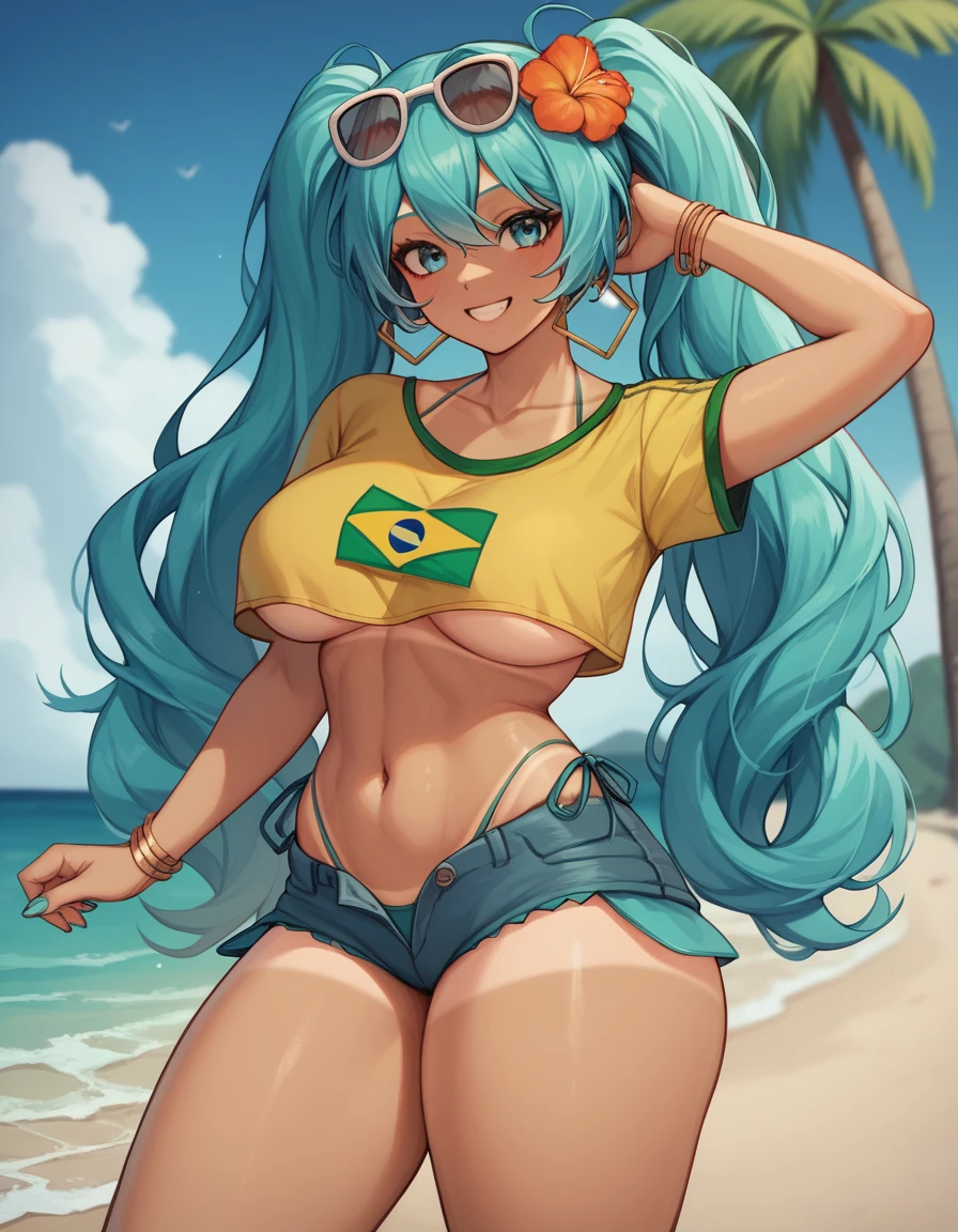 "A cheerful and vibrant Brazilian version of Hatsune Miku standing on the beach. She has long hair with two aqua colored pigtails., tanned skin with visible tan lines and wearing a tight yellow crop top with the Brazilian flag on it. She also has big breasts and thighs along with a big butt. She wears worn denim shorts and holds her breasts with her hands touching them gently.. Miku is smiling and wearing sunglasses on her head, with a tropical flower in her hair. The background features a sunny beach with a clear blue sky and palm trees.."
