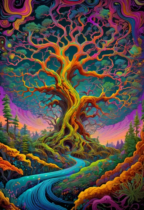 big psychedelic tree, psychedelic abstract art, mind-bending, melting, vivid colors,  a pop art painting inspired by michael def...