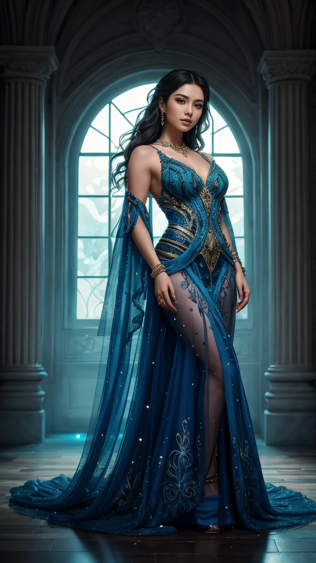 A mesmerizing masterpiece by the talented artists WLOP, Sakimichan, Artgerm, and Loish. A woman stands gracefully in an ethereal, vibrant setting, adorned with intricate, glowing jewelry and a flowing, embellished costume. Her long, dark hair cascades in waves, illuminated by the radiant blue light that surrounds her.

Captured in stunning 4K resolution, this full-body shot emphasizes her elegant form and the exquisite details of her attire and jewelry. The deep, vibrant blue lighting casts ethereal highlights and shadows, creating a mystical and otherworldly ambiance.

The background features intricate, illuminated patterns and floral motifs, providing a fantastical and enchanting setting that contrasts beautifully with the woman's smooth, glowing textures and intr