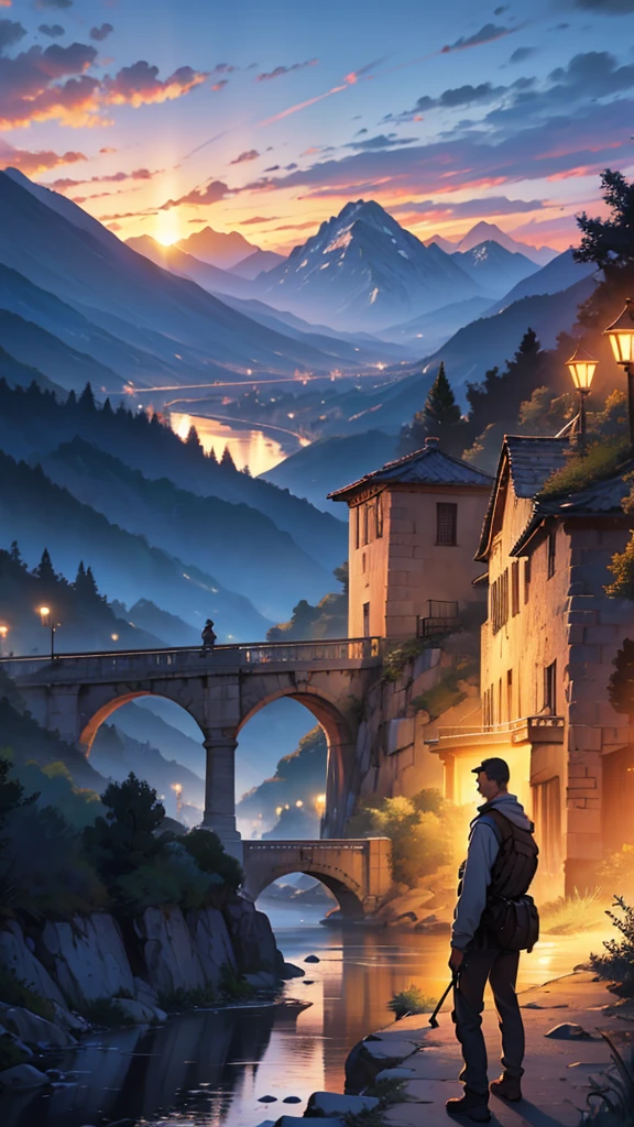 tall strong man on a bridge looking at the landscape just ahead with a river below in front of mountains and at dusk a magnificent sunset with a radio in the nineties