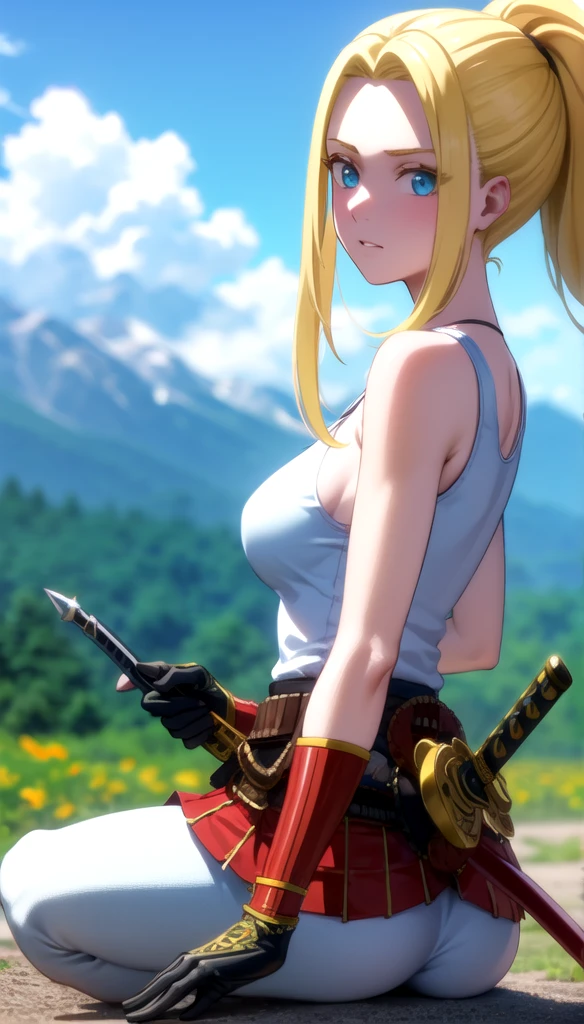 photorealistic, (4k), depth of field, (Masterpiece), (realistic skin texture), extremely detailed, intricate, hyper detailed, professional photography, bokeh, high resolution, sharp detail, best quality, girl, long hair, blonde hair, ponytail, blue eyes, white tank top, (samurai armor), gloves, arching her back , dynamic pose,  mountains in background, rocky mountains, outdoors, nature, blue sky, white clouds, open fields, poppy field, pedals, wind,