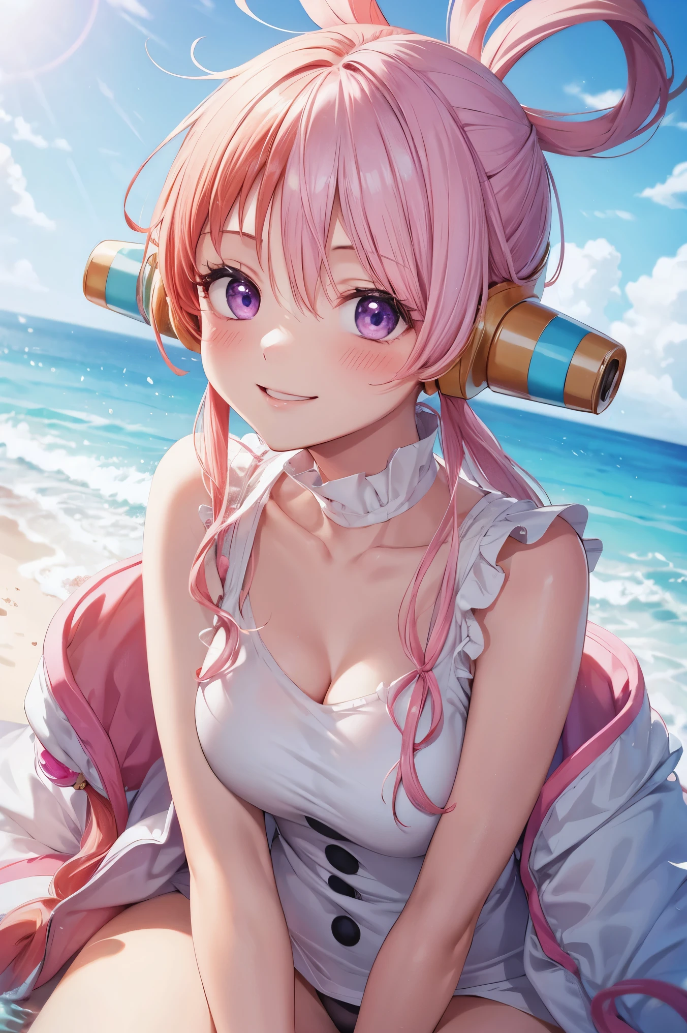 one piece　Song　pink and white hair, blush, best smile