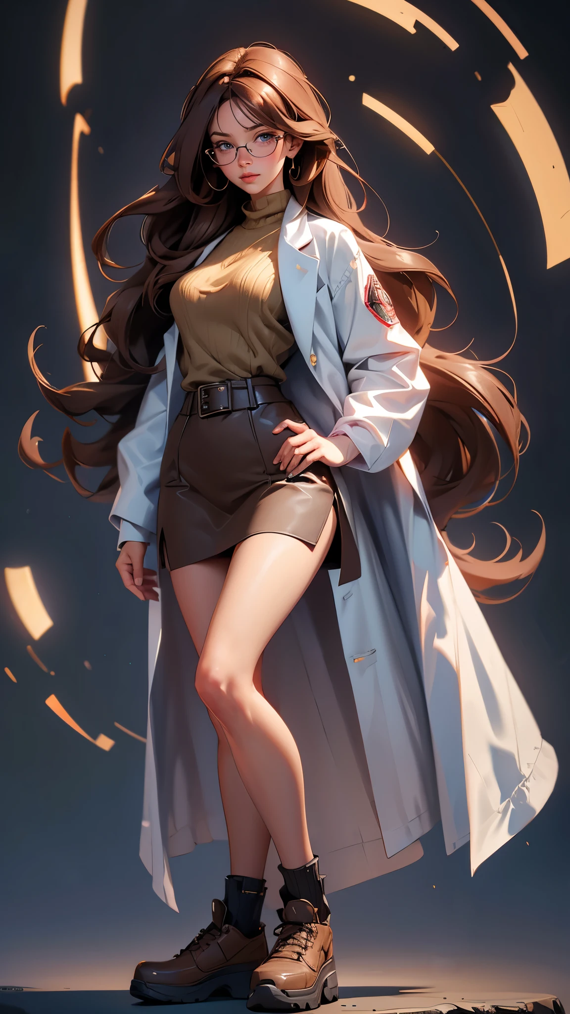 envision a 8k, highres, cinematic, beautiful full body Pinup of a sexy woman with a slender muscular body, strong mature older face, (((long brown hair))), side locks, long bangs, blue eyes, ((long lab coat)), glasses, sweater, skirt, dress shoes, tactical belt, ((((1girl)))), in dark lighting, against a dark gray background