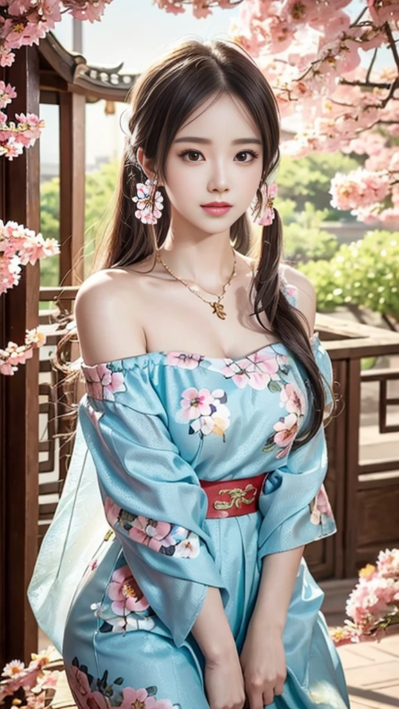 (best quality),[masterpiece],((beautiful:0.75) Cute girl:0.75),Long hair,Knees up,necklace,Jewelry,Looking at the audience,Front camera,(Floral Background:1.2),Ancient Chinese towns,old Chinese building,dusk,Sunlight,Chinese garden, Printed dress, Off-shoulder,