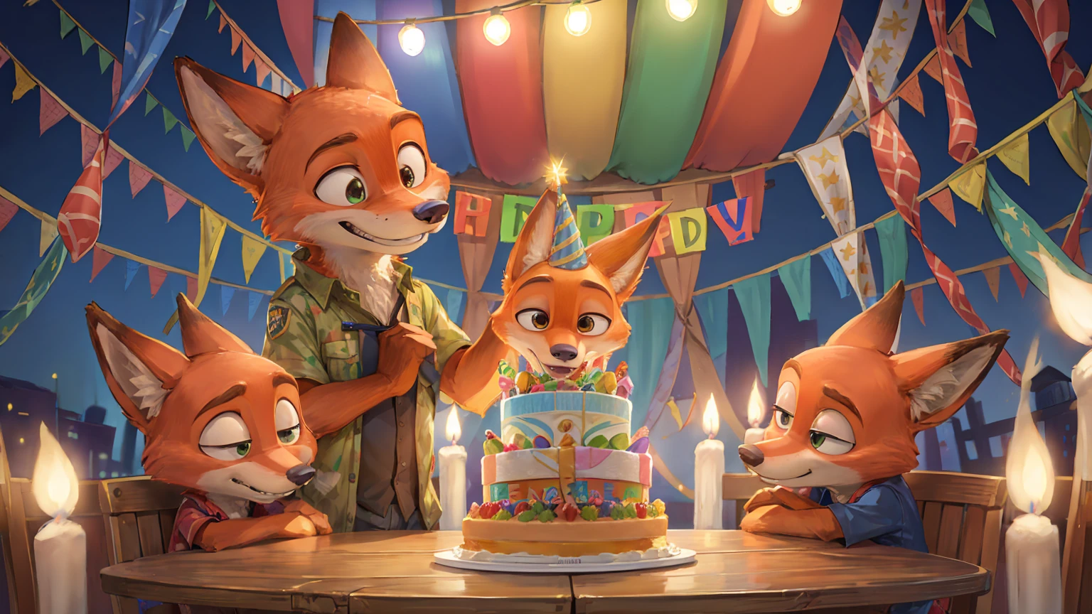 high resolution,8k,Vibrant colors,Official Art,Celebrating a birthday with crackers,nick wilde,Birthday cake,Birthday Party,