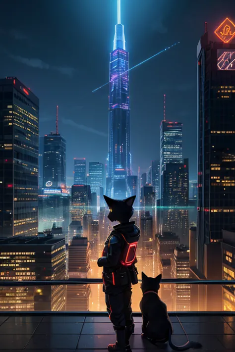 a sleek black cat stands on a rooftop of a half-built skyscraper, gazing out at the futuristic city sprawling beneath a dawn sky...