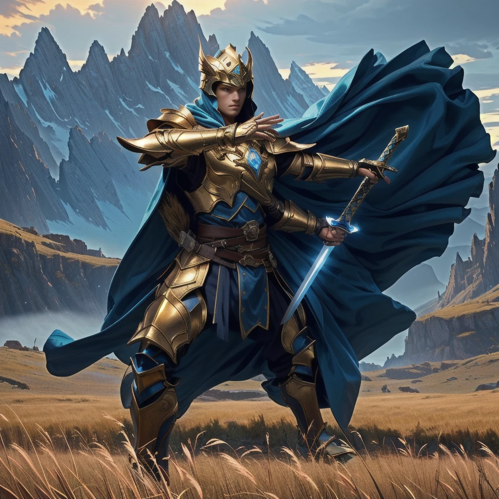 A warrior in detailed golden armor with a flowing blue cloak stands in a field of tall grasses, mountains in the background. One arm is raised, gripping a sword while facing slightly to the side. The lighting is bright and adds a dramatic effect to the scene, emphasizing the heroic stance and adventurous atmosphere.