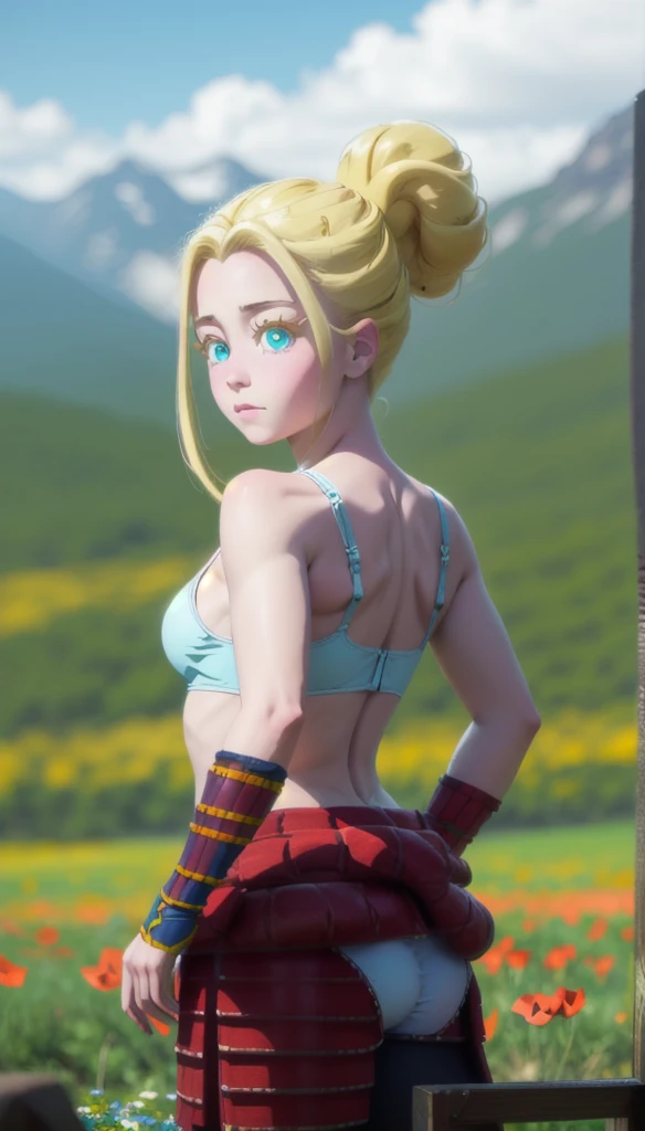 photorealistic, (4k), depth of field, olhos verdes(masterpiece), (realistic skin texture), extremely detailed, complex, hyper-detailed, professional photography, bokeh, high resolution, sharp details, best quality, girl, long hair, hair blonde, ponytail, blue eyes, blue and white panties, arching back, dynamic pose, mountains in the background, rocky mountains, outdoors, nature, blue sky, white clouds, open fields, poppy field, pedals, wind ,